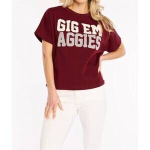 NEW STEWART SIMMONS gig 'em chenille team top in maroon